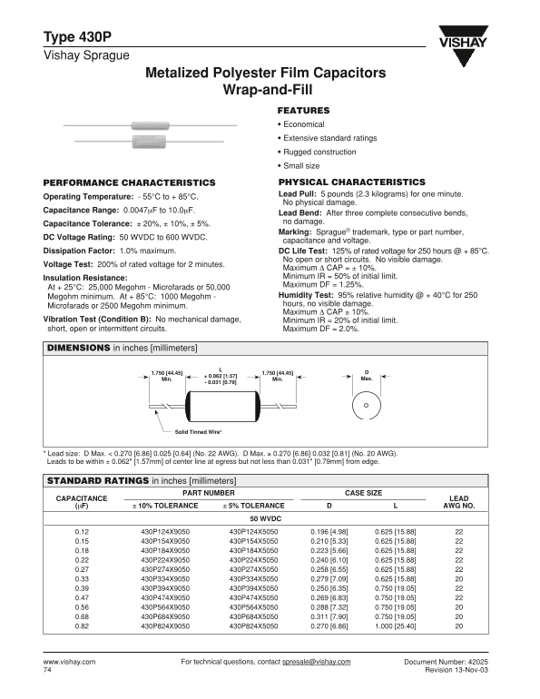 Vishay 430P Data Sheet - Page 1