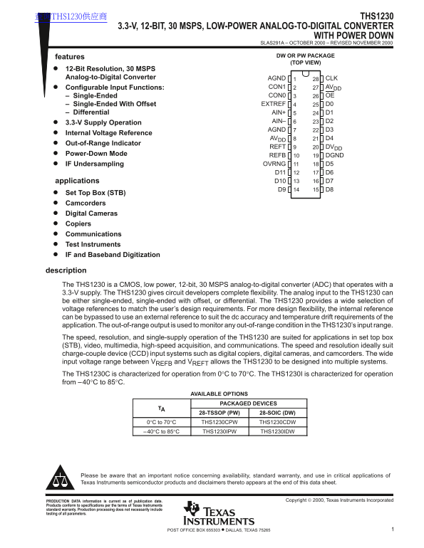 Texas Instruments THS1230 Data Sheet / Manual - Page 1