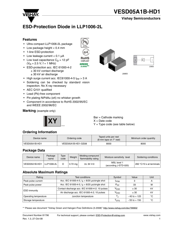 Vishay Semiconductor VESD05A1B-HD1 User's Manual and Specifications - Page 1