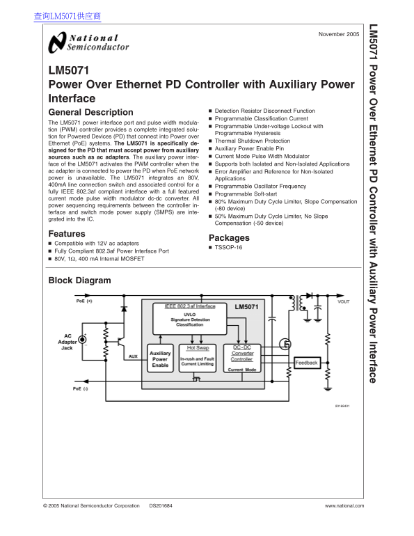 National Semiconductor LM5071 Power over Ethernet PD Controller with Auxiliary Power Interface Data Sheet - Page 1