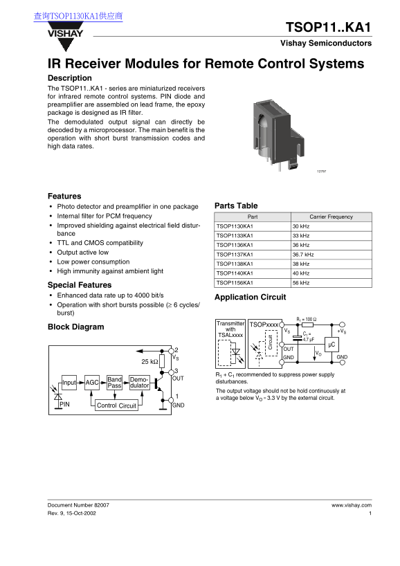 Vishay TSOP11..KA1 Data Sheet - Page 1