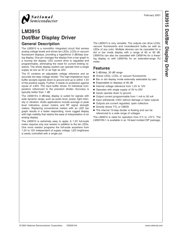 National Semiconductor - LM3915 Dot Bar Display Driver Data Sheet User Manual - Page 1