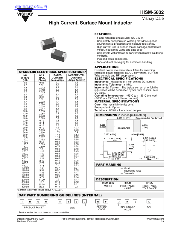 Vishay IHSM-5832 Data Handbook - Page 1