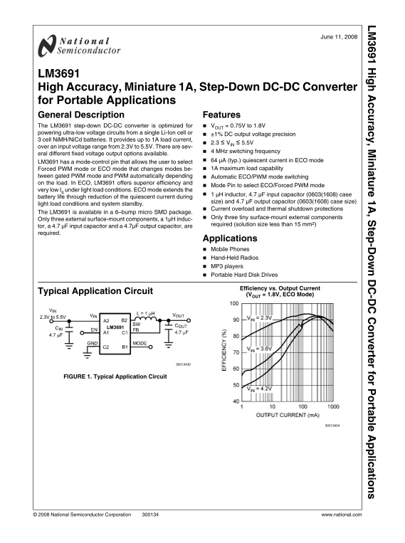 National Semiconductor LM3691 Data Handbook Specifications Miniature 1A Step-Down DC-DC Converter for Portable Applications - Page 1