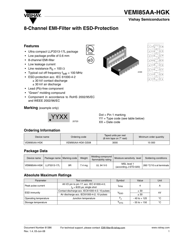 Vishay Semiconductor VEMI85AA-HGK Specifications and User Guide - Page 1