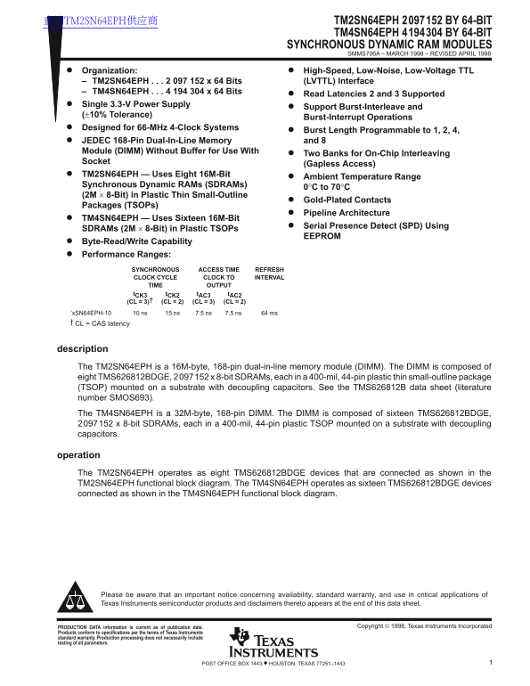 TEXAS INSTRUMENTS TM2SN64EPH, 2097152 BY 64-BIT TM4SN64EPH, 4194304 BY 64-BIT SYNCHRONOUS DYNAMIC RAM MODULES - Data Manual/Instructions - Page 1