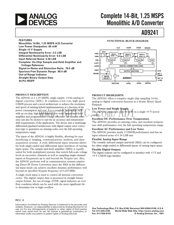 AD9241 Analog Devices Data Handbook/Manual - Page 1