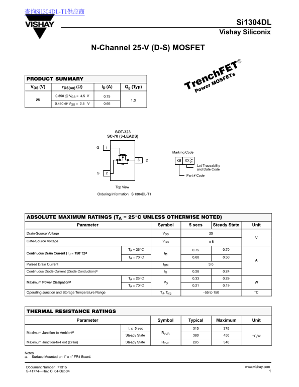 Vishay Si1304DL N-Channel 25-V (D-S) MOSFET Data Sheet User Manual - Page 1