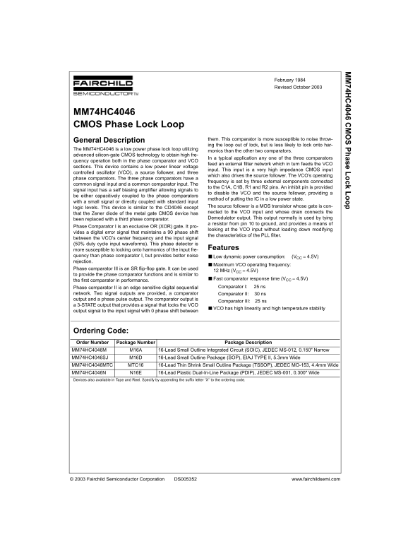 Fairchild MM74HC4046 CMOS Phase Lock Loop Data Handbook - Page 1