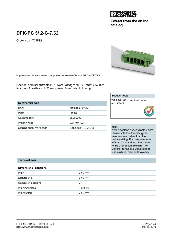Phoenix Contact DFK-PC 5 2- G-7,62 Order No. 1727582 User Manual and Instruction Booklet - Page 1
