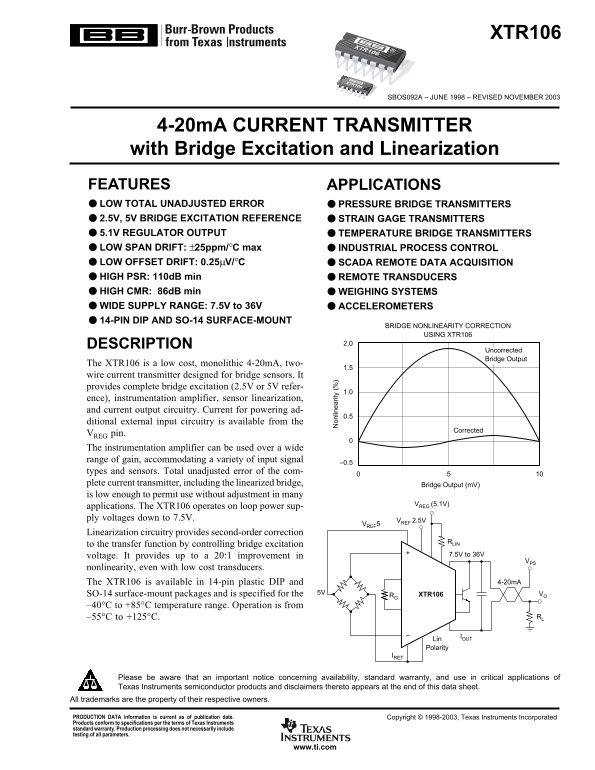 Texas Instruments XTR1064-20mA Current Transmitter with Bridge Excitation and Linearization - Page 1