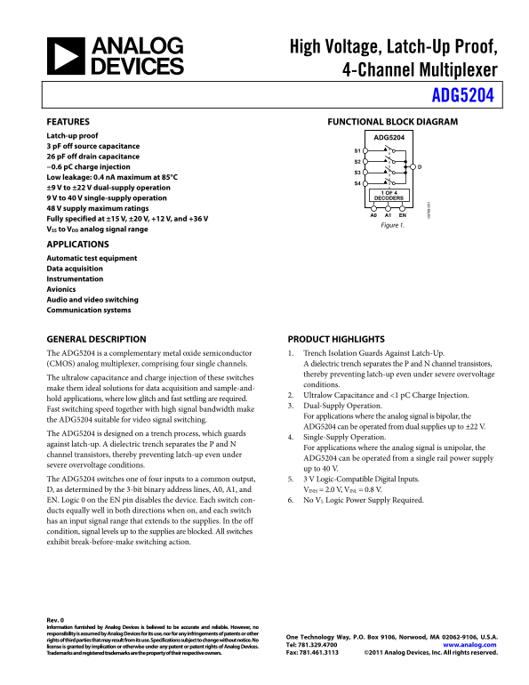 ANALOG DEVICES ADG5204 Product Data Handbook Rev 0 - Page 1