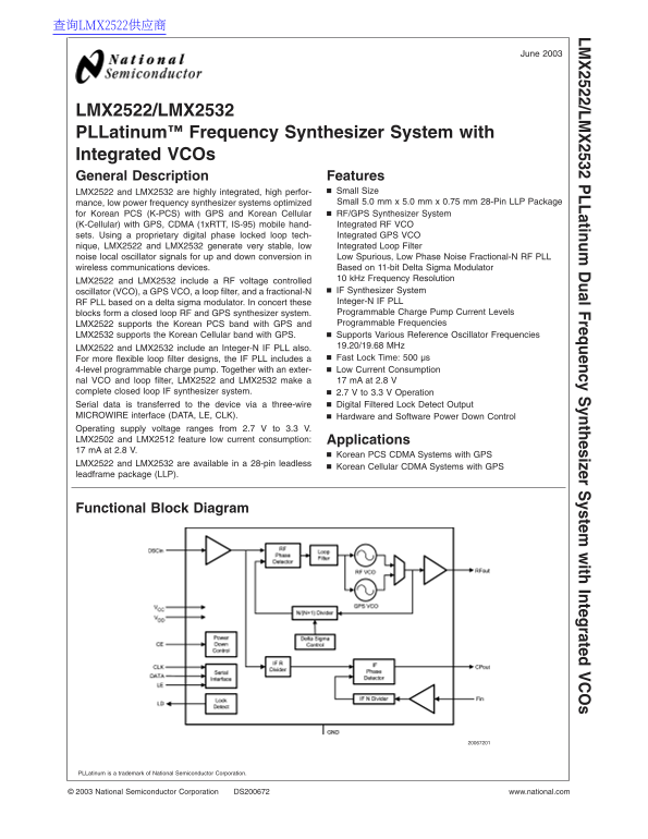 National LMX2522 LMX2532 Data Sheet - Page 1