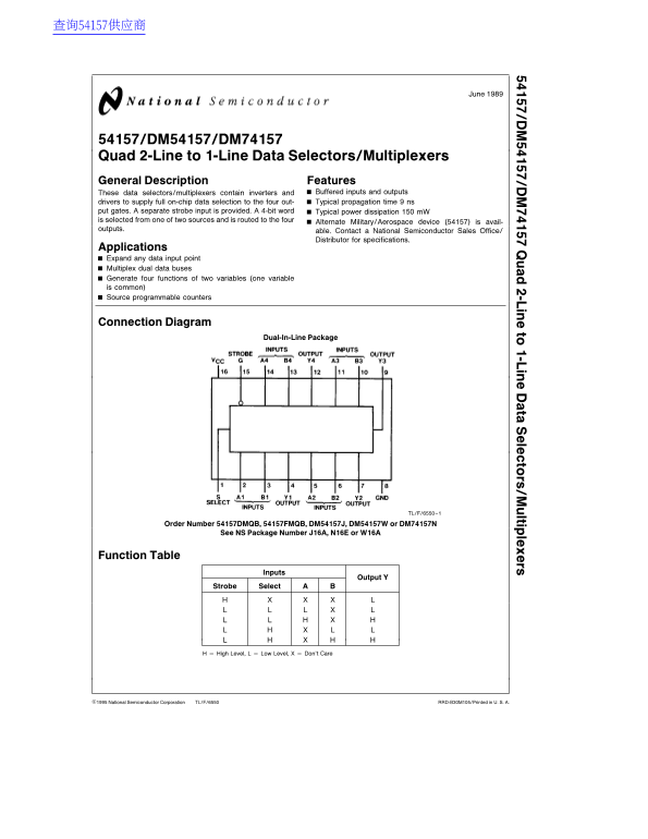 National Semiconductor DM54157 DM74157 Quad 2-Line to 1-Line Data Selectors Multiplexers Data Manual - Page 1