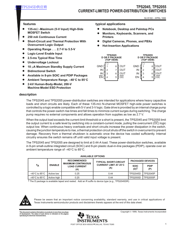 Texas Instruments TPS2045, TPS2055 Current-Limited Power-Distribution Switches Data Sheet Manual - Page 1