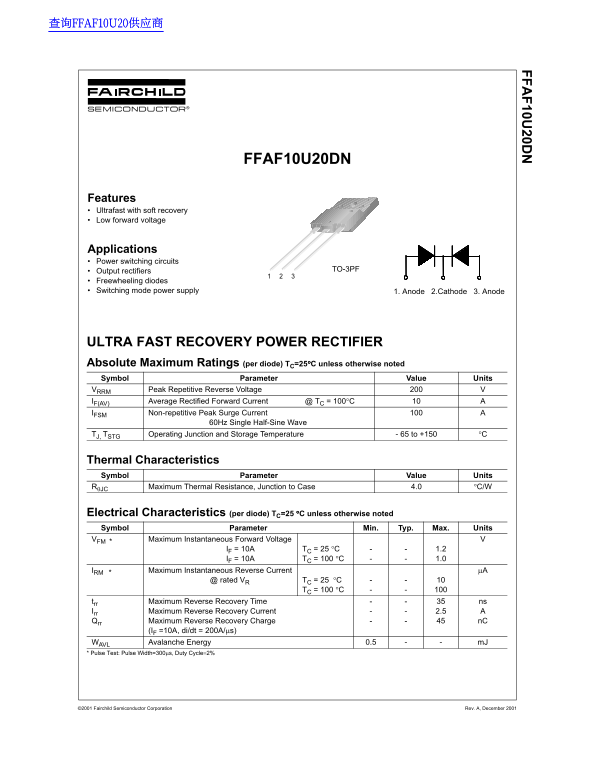 Fairchild FFAF10U20DN Data Sheet - Page 1