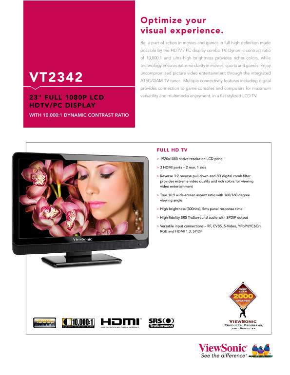 Viewsonic VT2342 23 FULL 1080P LCD HDTV PC DISPLAY Owner's Manual - Page 1