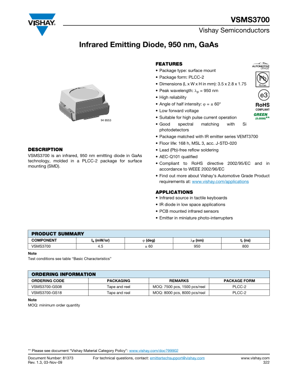 Vishay VSMS3700 Data Sheet / Manual - Page 1