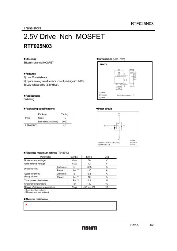 ROHM RTF025N03 Data Sheet - Page 1