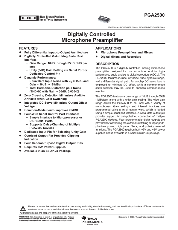 Texas Instruments PGA2500 Digitally Controlled Microphone Preamp Data Sheet User Manual - Page 1