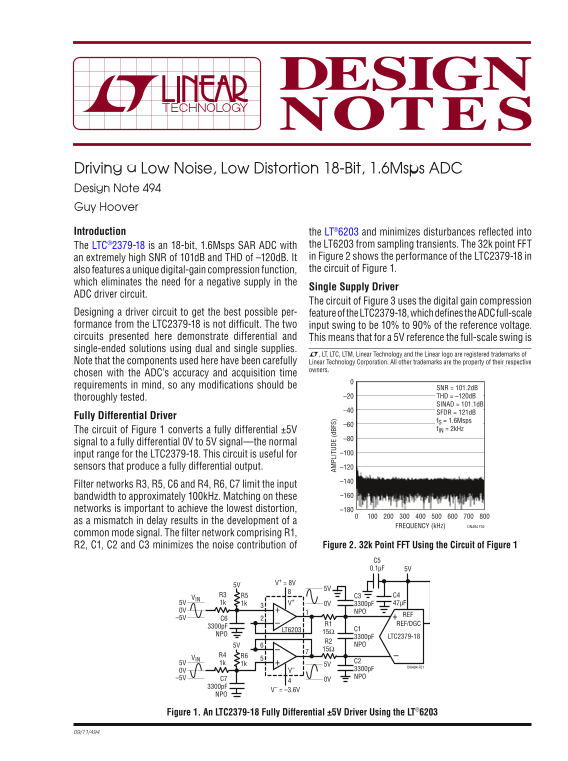 LINEAR Driving a Low Noise, Low Distortion 18-Bit, 1.6Msps ADC Design Note 494 - Page 1