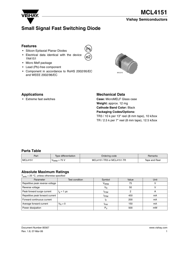 Vishay McL4151 Small Signal Fast Switching Diode Data Sheet - Page 1