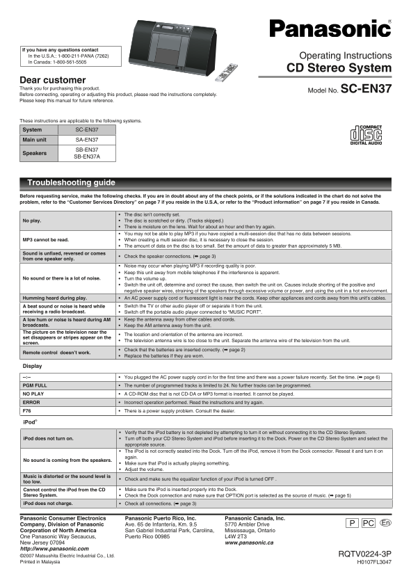 Panasonic SC-EN37 User Guide - Page 1