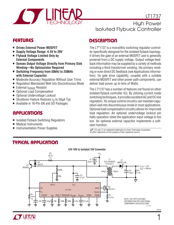 LINEAR TECHNOLOGY LT1737 User Guide - Page 1