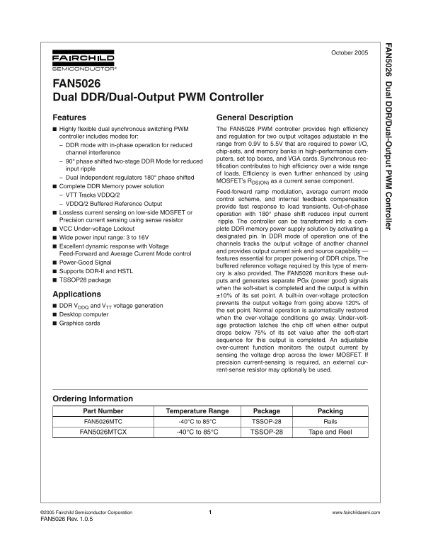 Fairchild Semiconductor FAN5026 Dual DDR Dual-Output PWM Controller Data Sheet - Page 1