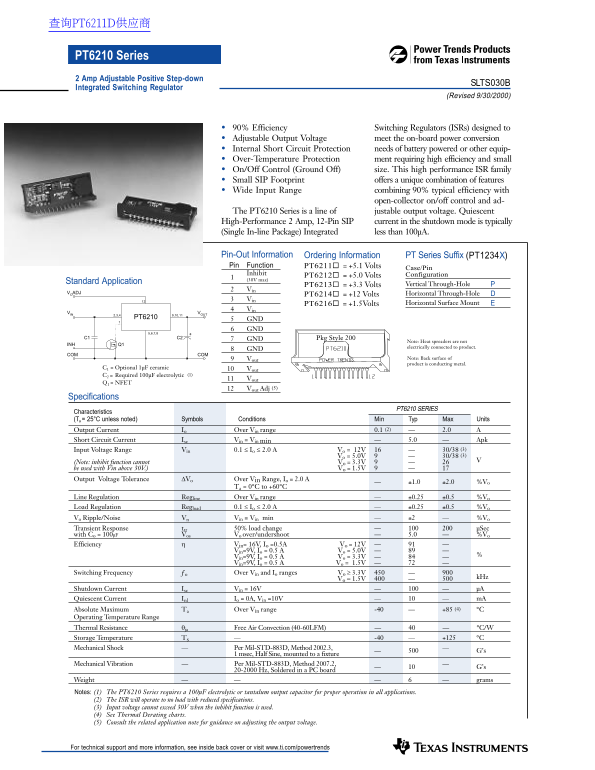 Texas Instruments PT6210 Series 2 Amp Adjustable Positive Step-down Integrated Switching Regulator Data Sheet User Manual - Page 1
