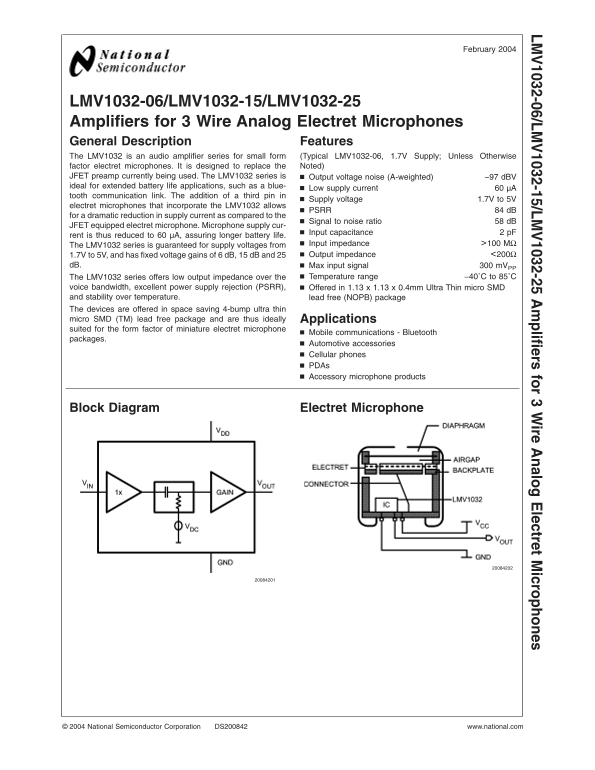 National Semiconductor - LMV1032-06 LMV1032-15 LMV1032-25 Amplifiers for 3 Wire Analog Electret Microphones Data Manual - Page 1