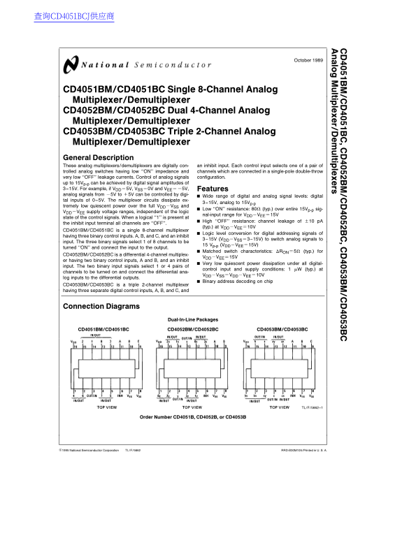 National Semiconductor CD4051BM BC CD4051B Single-channel 8 Analog Data Manual - Page 1