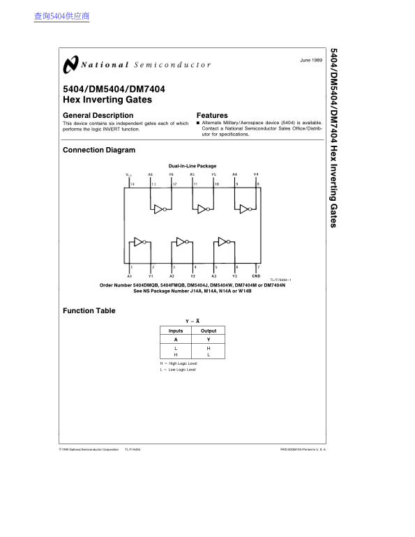 National Semiconductor DM5404 DM7404 Hex Inverting Gates Data Sheet - Specifications User Guide Manual - Page 1