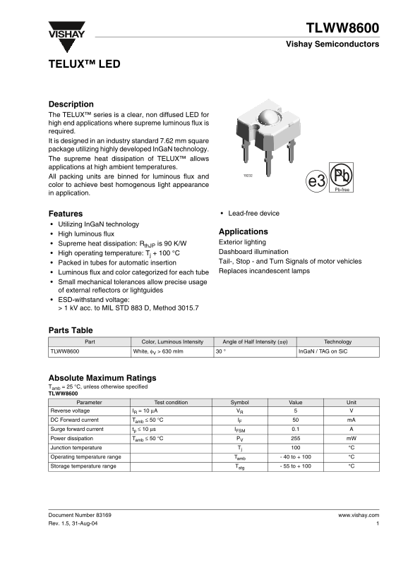 Vishay TLWW8600 Specifications and User Guide - Page 1