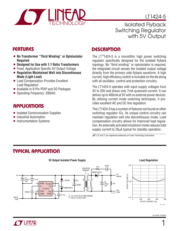 LINEAR TECHNOLOGY LT1424-5 User Guide - Page 1