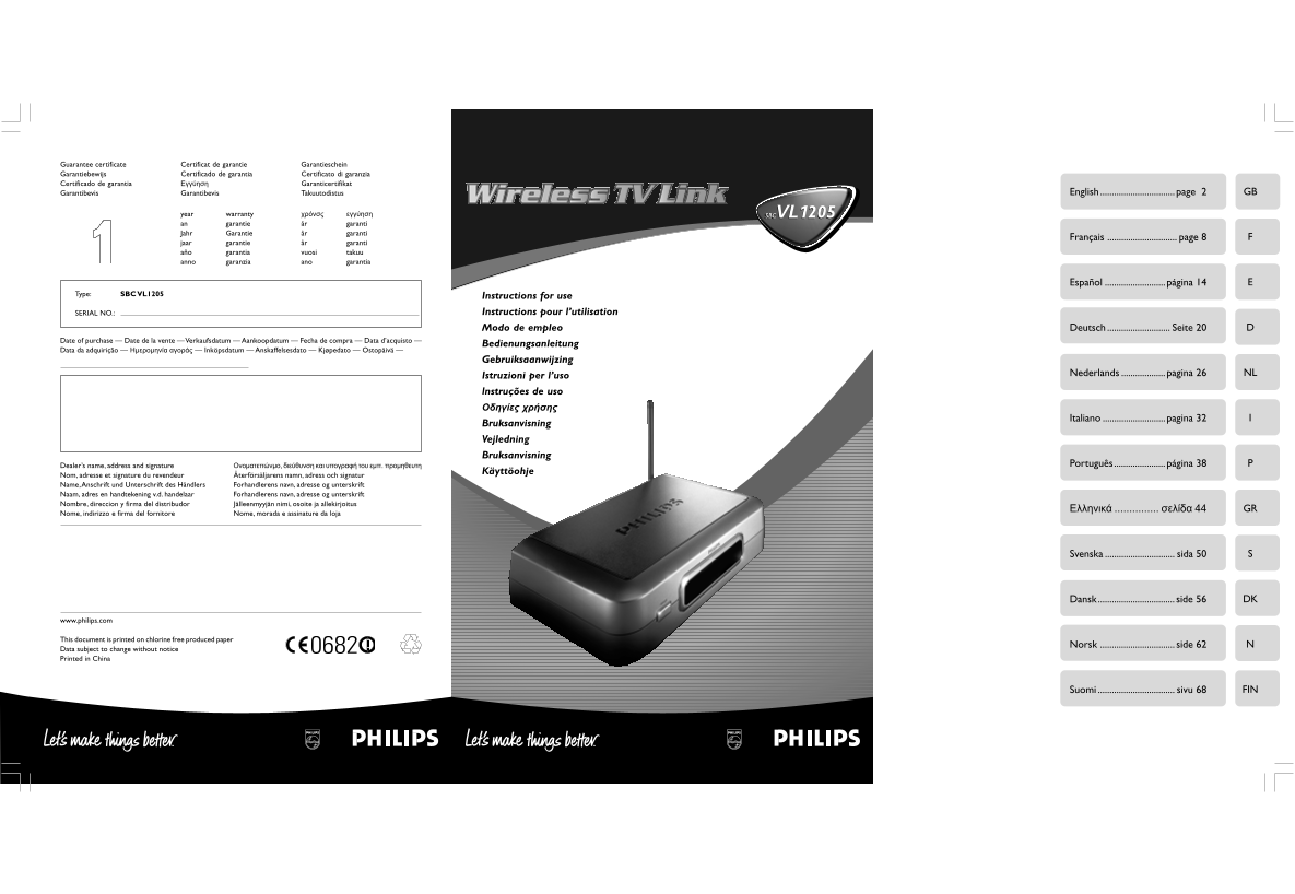 Philips Wireless TV Link SBCVL1205 User Guide - Page 1