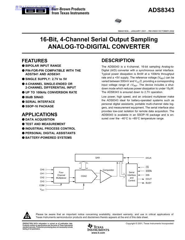 TEXAS INSTRUMENTS ADS8343 Data Sheet - Page 1
