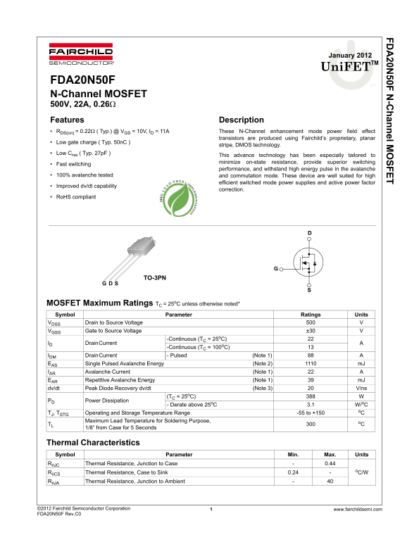 Fairchild FDA20N50F datasheet - Page 1