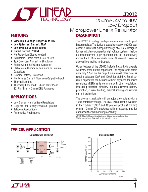 LINEAR TECHNOLOGY LT3012 User Guide - Page 1