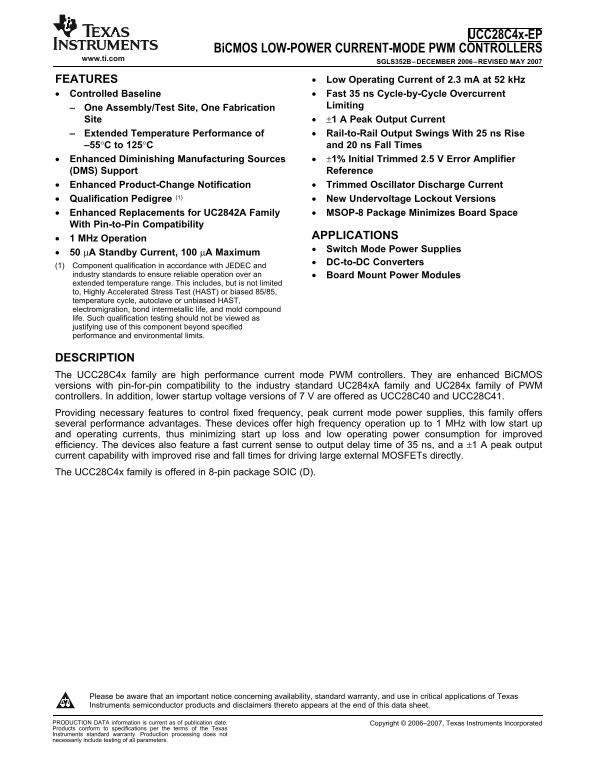 Texas Instruments UCC28C4x-EP BiCMOS Low-Power Current-Mode PWM Controllers Data Manual - Page 1