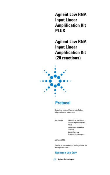 Agilent Low RNA Input Fluorescent Linear Amplification Kit Protocol - Version 4.0 Owner's Manual - Guide User Handbook - Protocol - Page 1