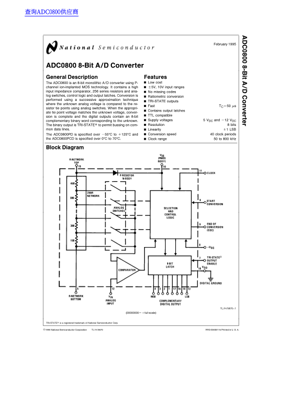 National Semiconductor ADC0800 8-Bit A/D Converter Data Sheet - Page 1