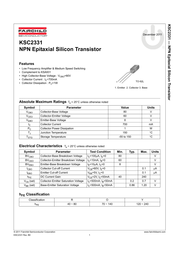 Fairchild KSC2331 NPN Epitaxial Silicon Transistor Data Manual - Page 1