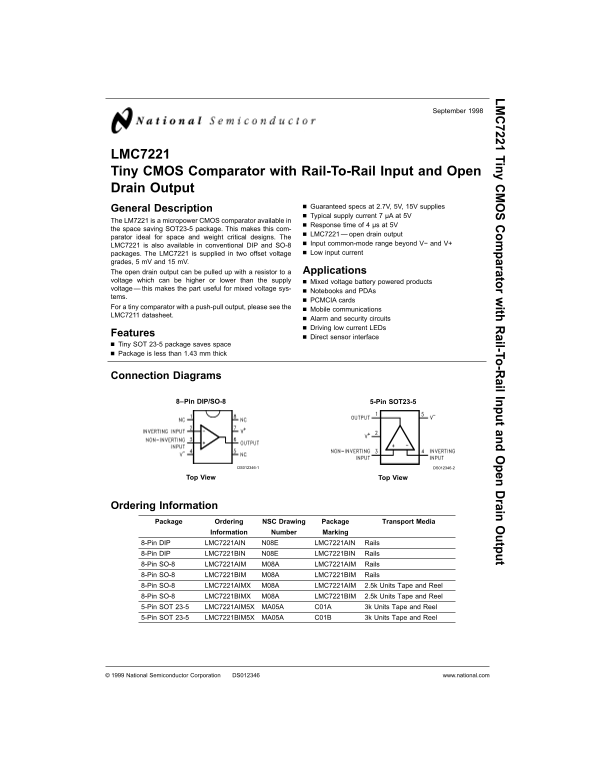 National Semiconductor LMC7221 Tiny CMOS Comparator Data Sheet - Rail-to-Rail Input, Open Drain Output - Page 1