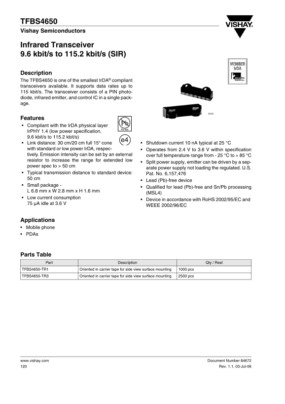 Vishay TFBS4650 Specifications and User Guide - Page 1