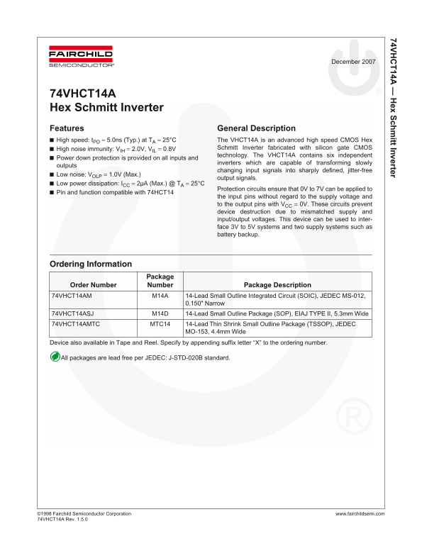 Fairchild 74VHCT14A Hex Schmitt Inverter Data Handbook - Page 1