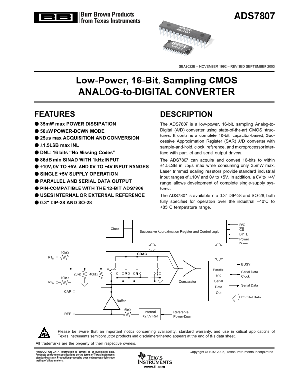 Texas Instruments ADS7807 datasheet specifications user manual guide - Page 1