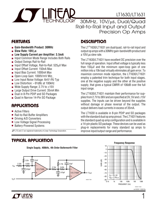 LINEAR TECHNOLOGY LT1630 LT1631 Data Sheet Manual - Page 1