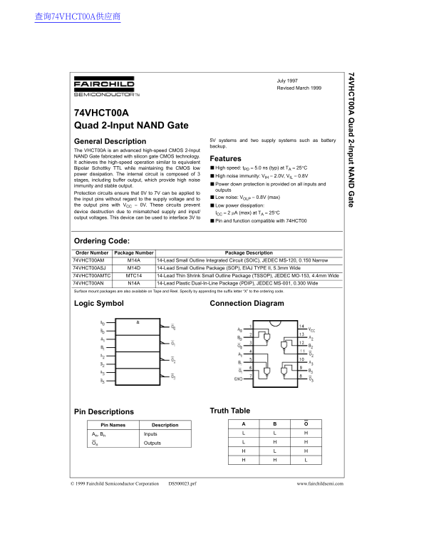 Fairchild 74VHCT00A Quad 2-Input NAND Gate Data Sheet - Page 1