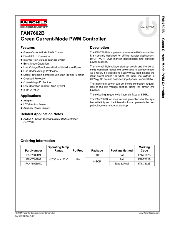 Fairchild Fan7602B Green Current-Mode Controller Data Sheet - Page 1